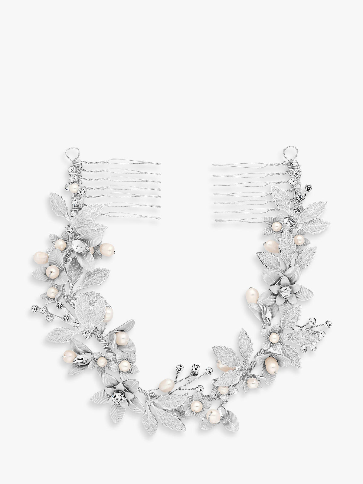 Double Comb Hair Grip with Brushed Leaves, Freshwater Pearls, and Crystals