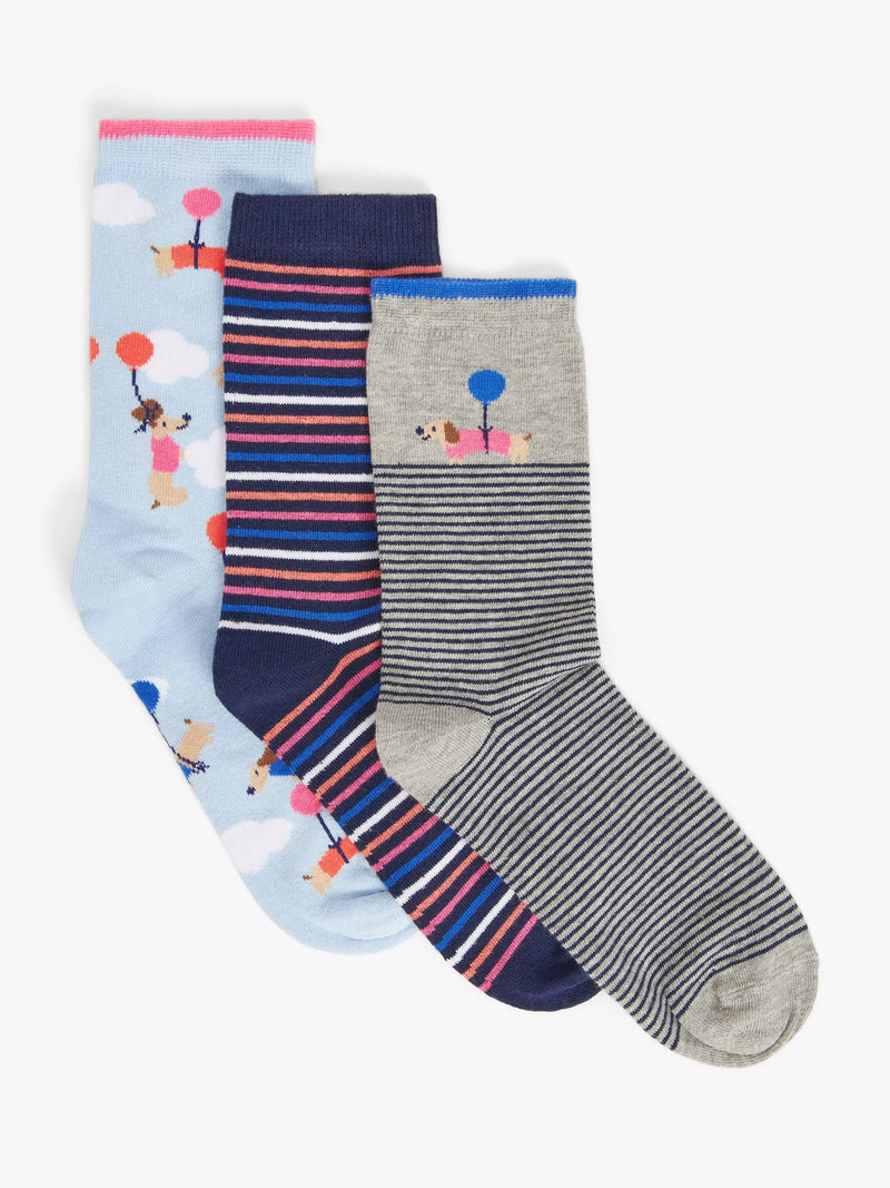 John Lewis sausage dog balloon organic cotton mix ankle socks, pack of 3, UK version