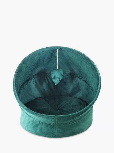 Green Velvet Canopy Cat Bed with Hanging Toy