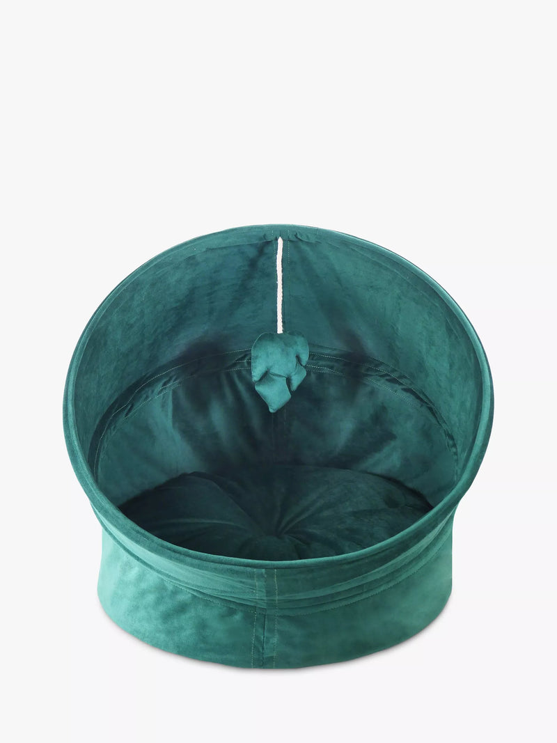 Green Velvet Canopy Cat Bed with Hanging Toy