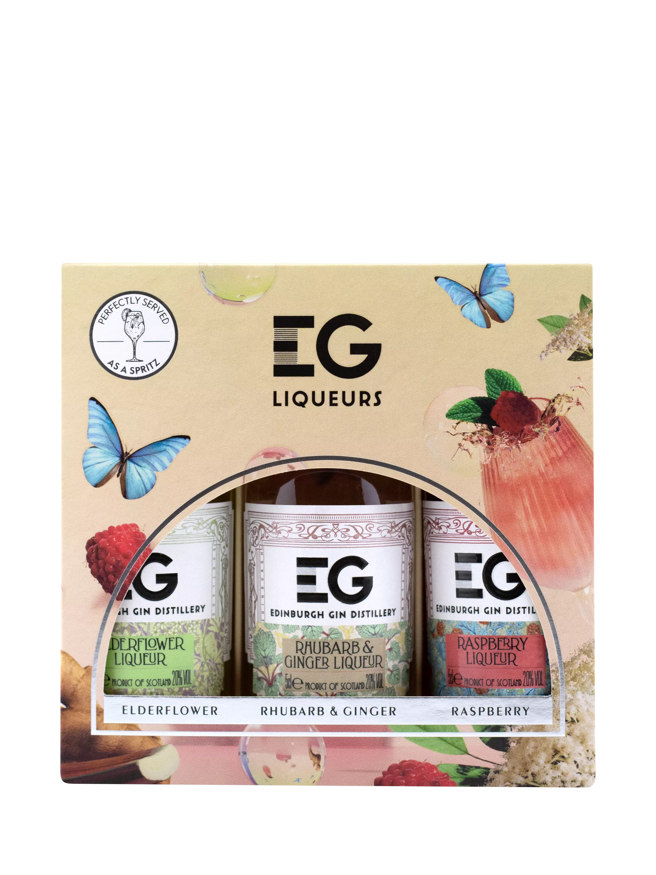 Edinburgh Gin liqueurs mini pack with Raspberry, Rhubarb & Ginger, and Elderflower flavours 3x 5cl - British product
