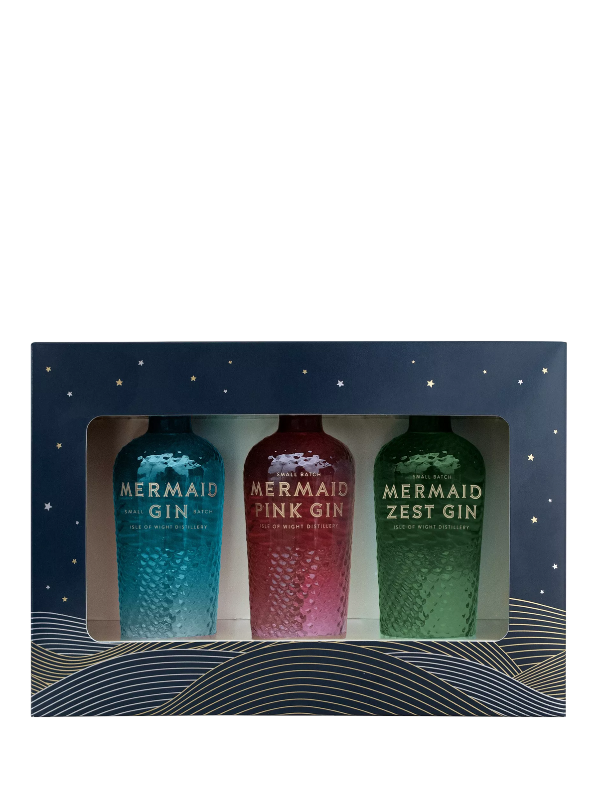 Isle of Wight Distillery Mermaid gin gift set with three 5cl bottles, UK version