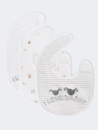John Lewis Mummy & Daddy Farm Print Bib Pack of 3 Grey Baby Bib