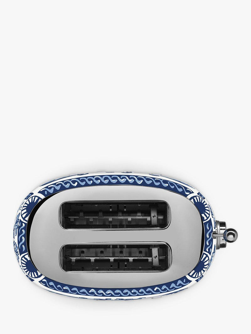 Smeg blue and white two-slot toaster with Mediterraneo design (British brand)