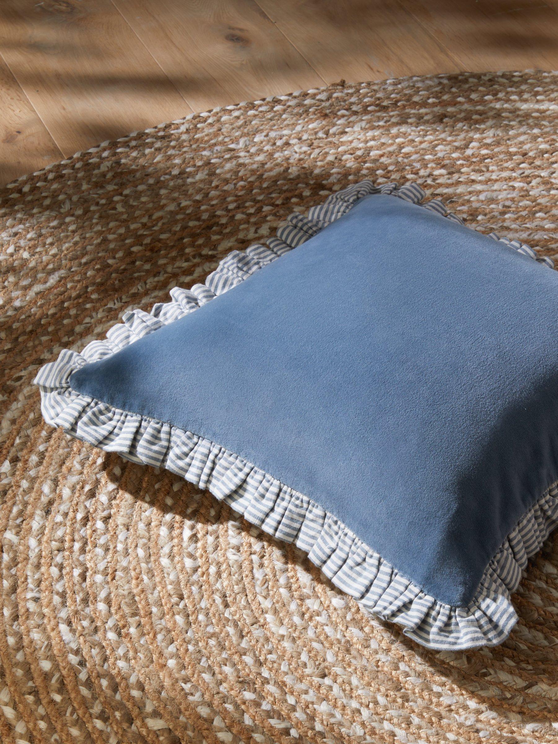 John Lewis velvet frill cushion with reversible cotton stripe back, UK version