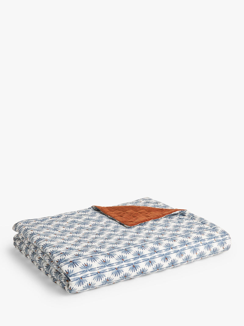 John Lewis reversible quilted cotton velvet bedspread with floral print rust blue, UK version