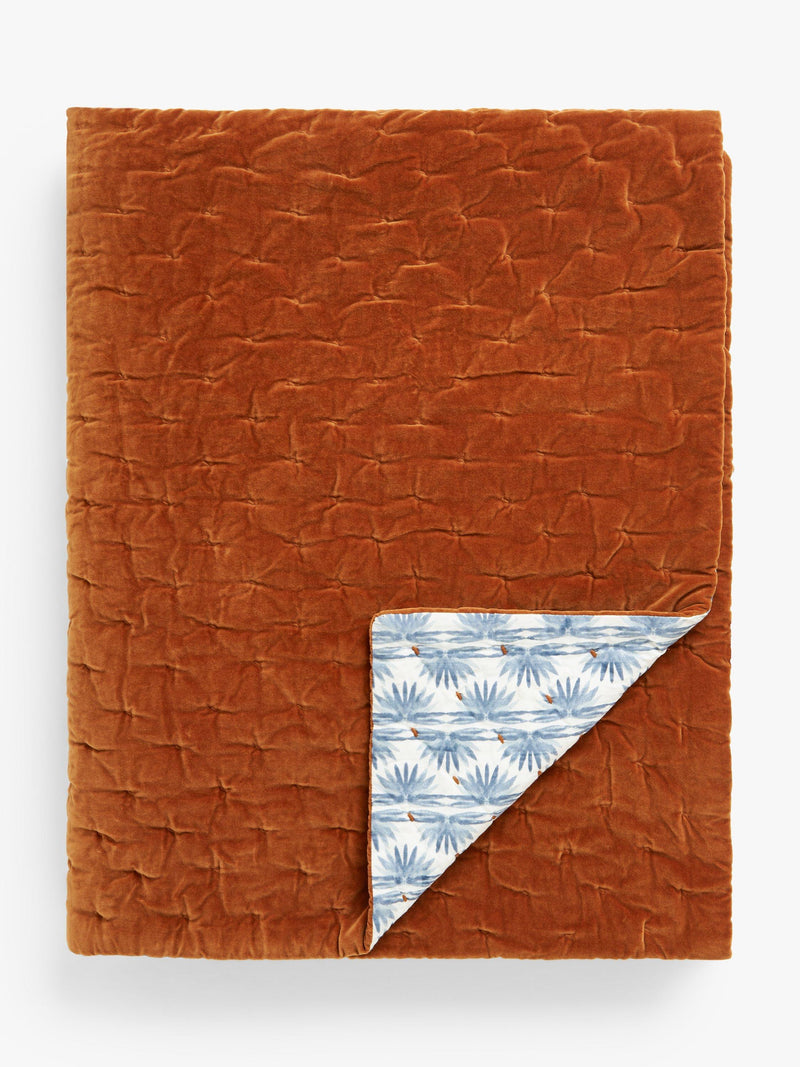 John Lewis reversible quilted cotton velvet bedspread with floral print rust blue, UK version