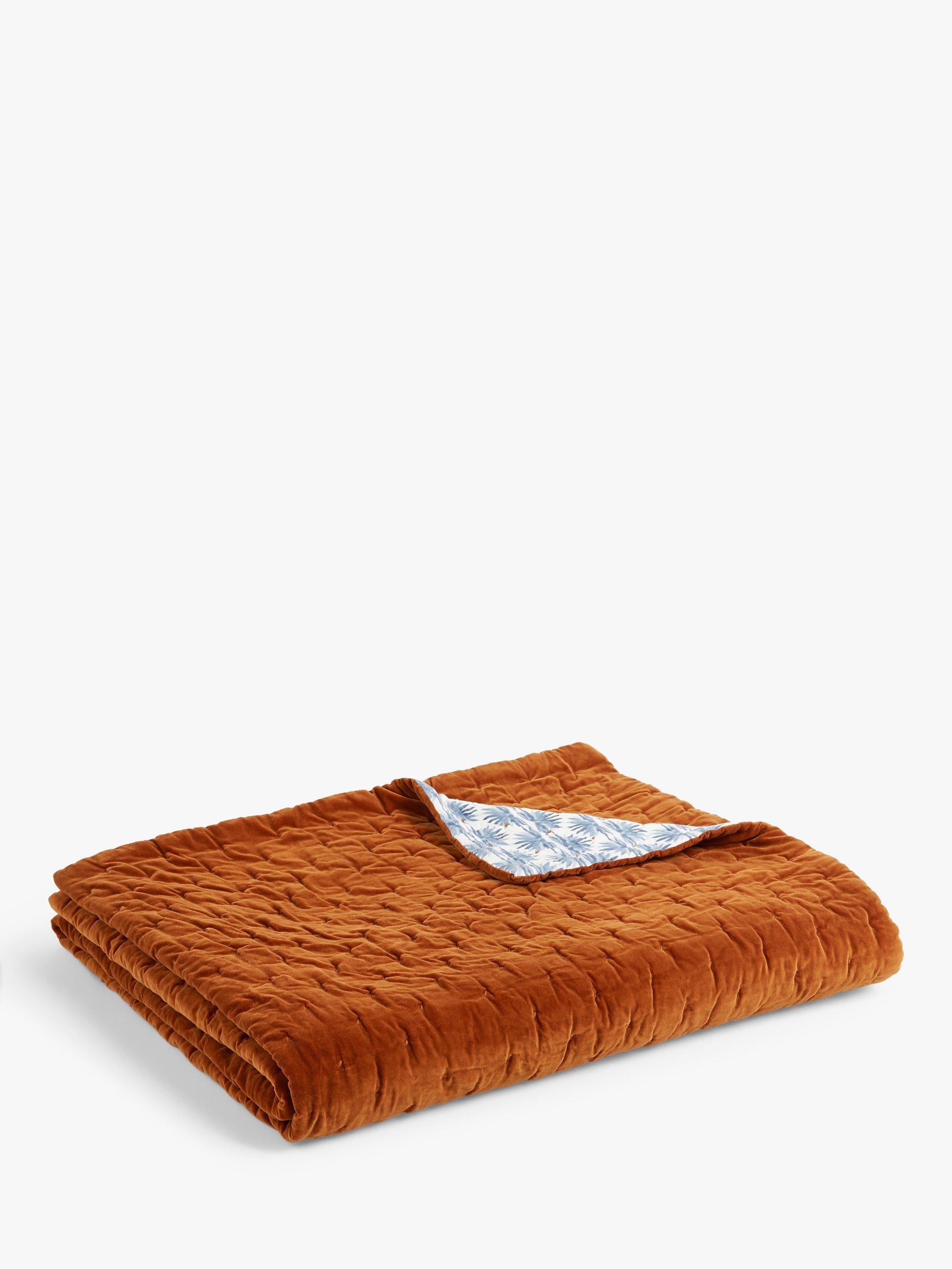 John Lewis reversible quilted cotton velvet bedspread with floral print rust blue, UK version