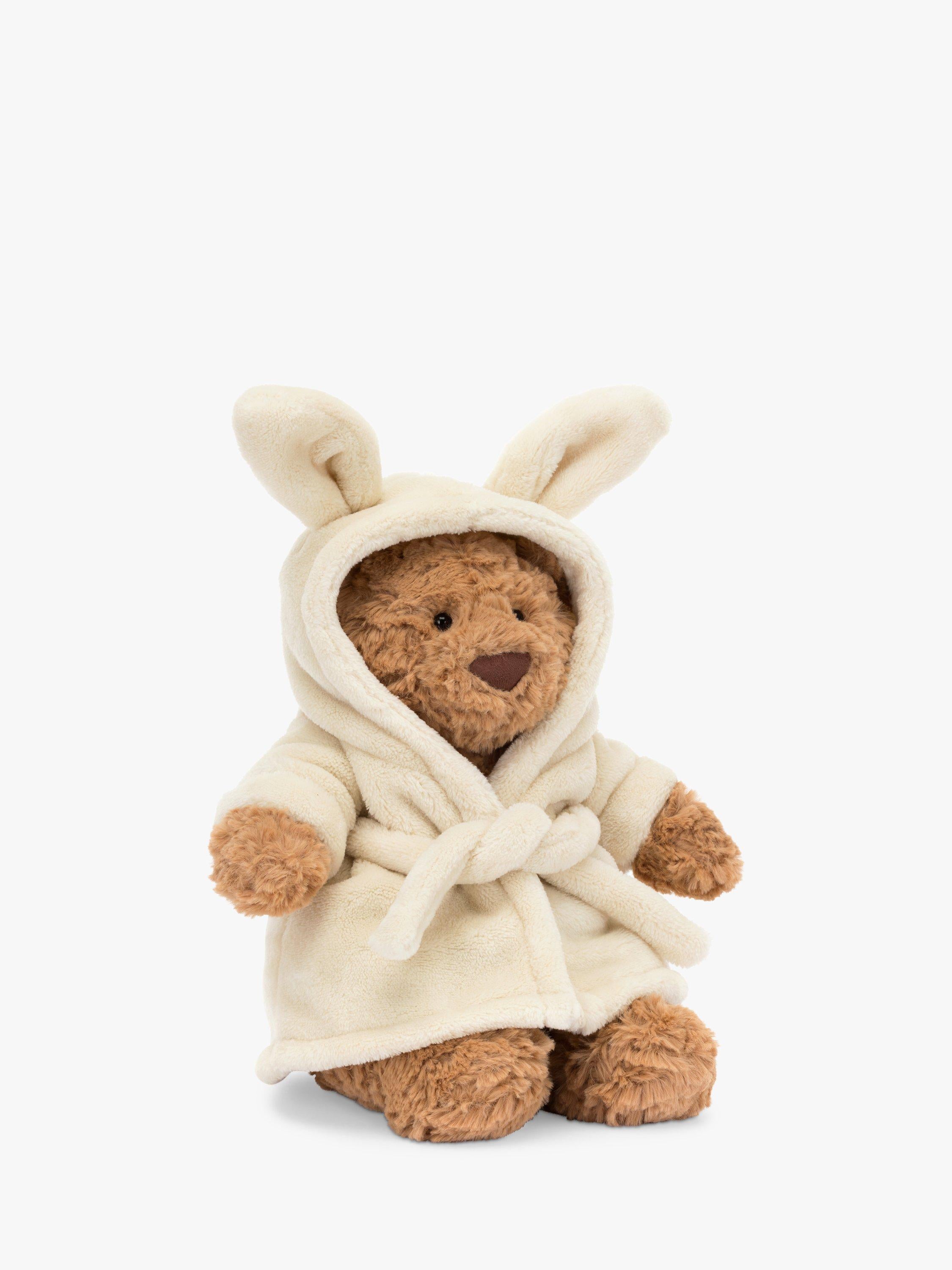 Soft Toy Bear in Oatmeal Towelling Bathrobe with Bunny Ears