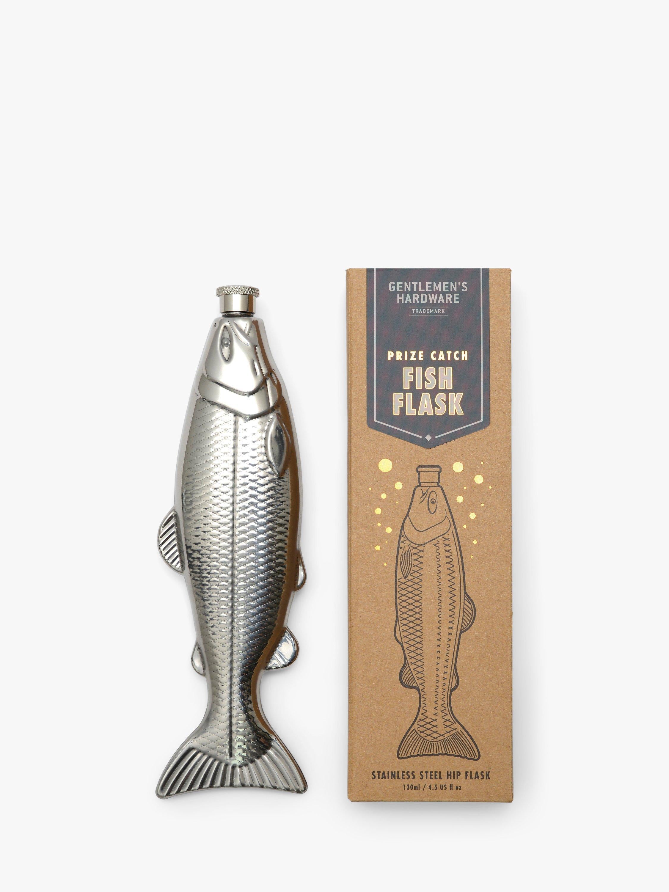 Gentlemen's Hardware fish-shaped stainless steel hip flask in silver, UK version