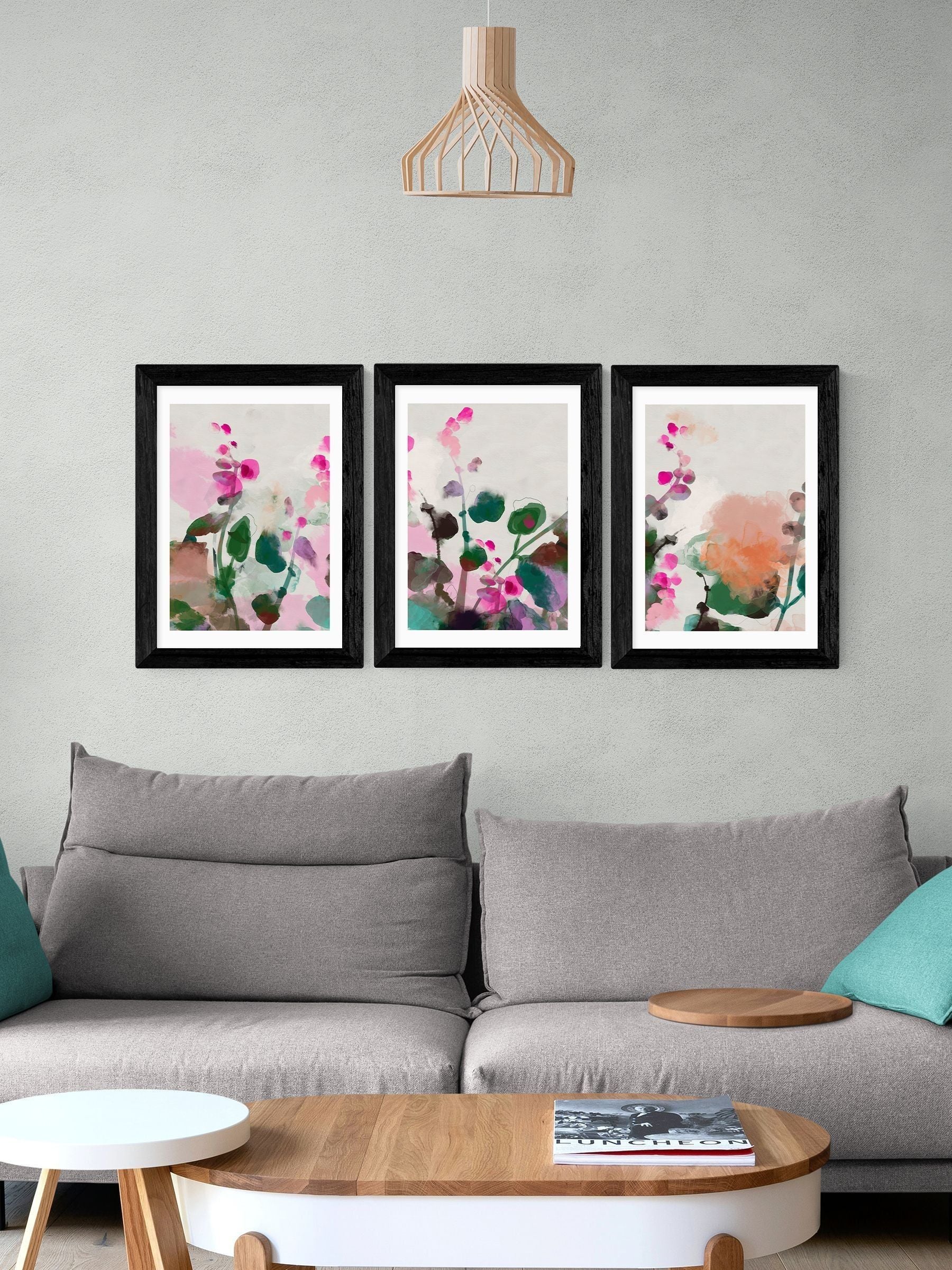 East End Prints black summerly hollyhocks wall print set of 3 - British product