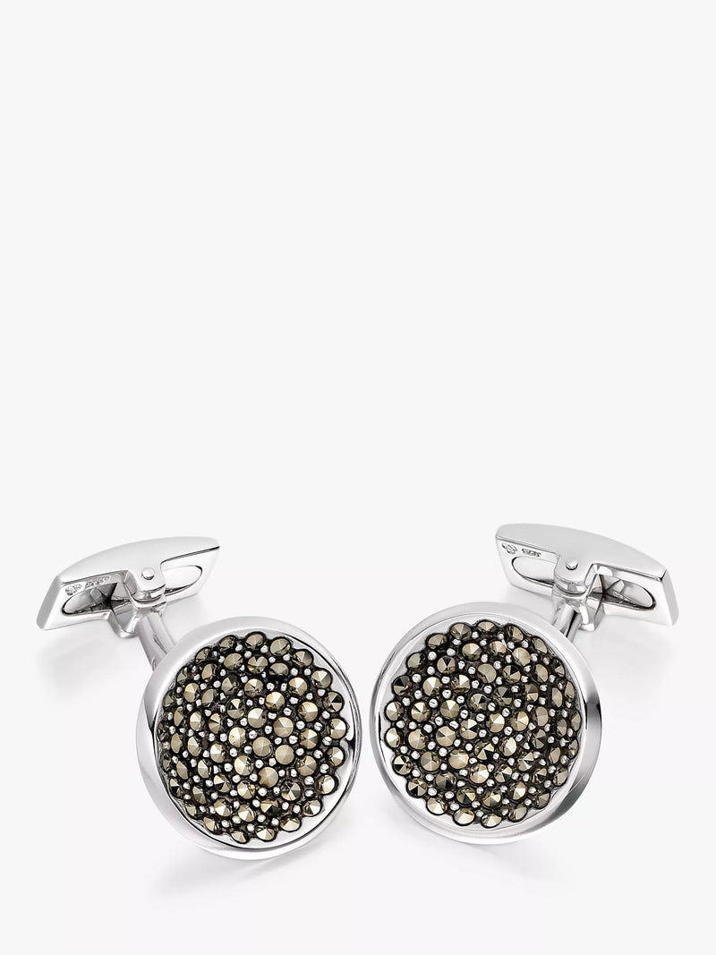Hoxton London round sterling silver cufflinks with marcasite set, UK version