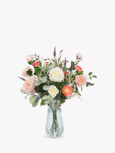 Artificial Rose and Ranunculus Floral Arrangement in Glass Vase, 64cm Height, Pink and White
