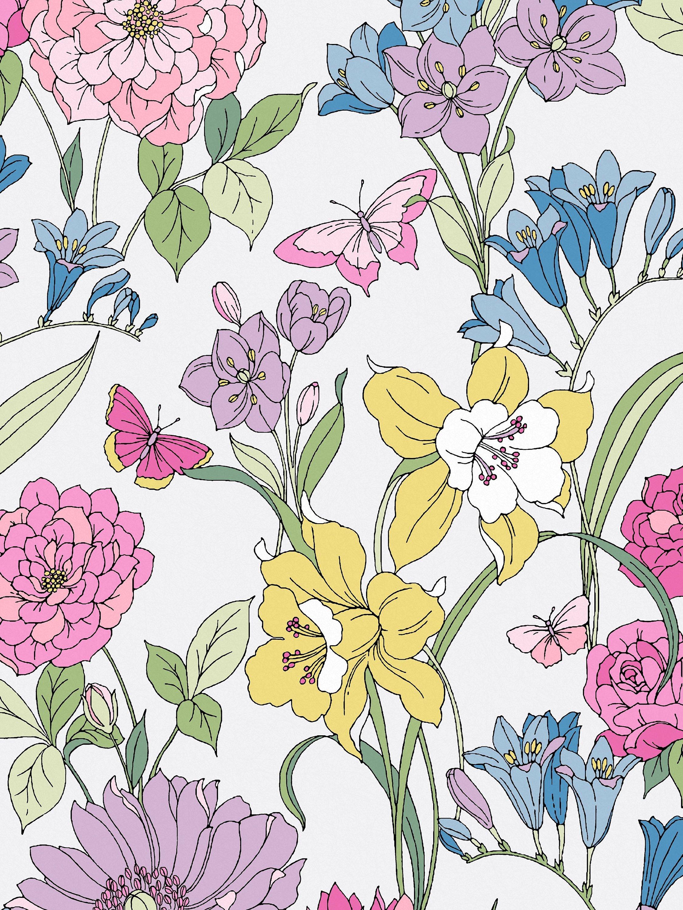 Line-Drawn Floral Pattern Wallpaper with Butterflies