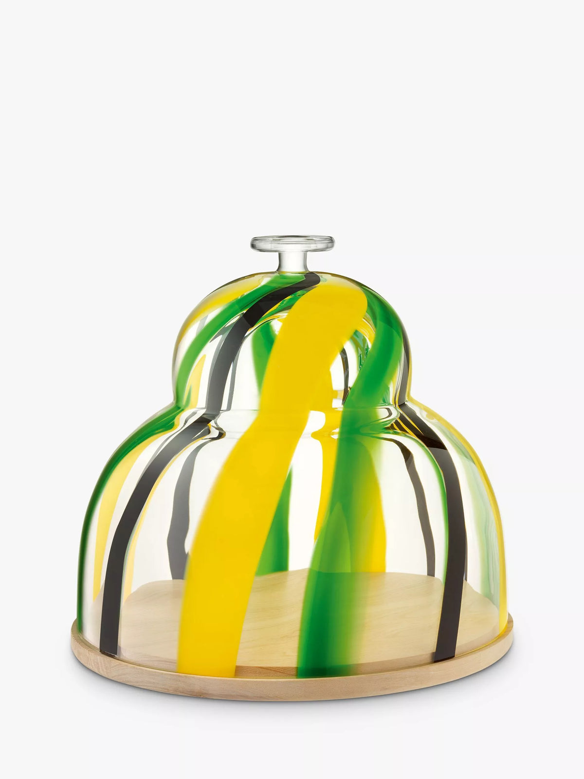 LSA International folk wood cake stand and glass dome, 30cm, green and yellow, UK version