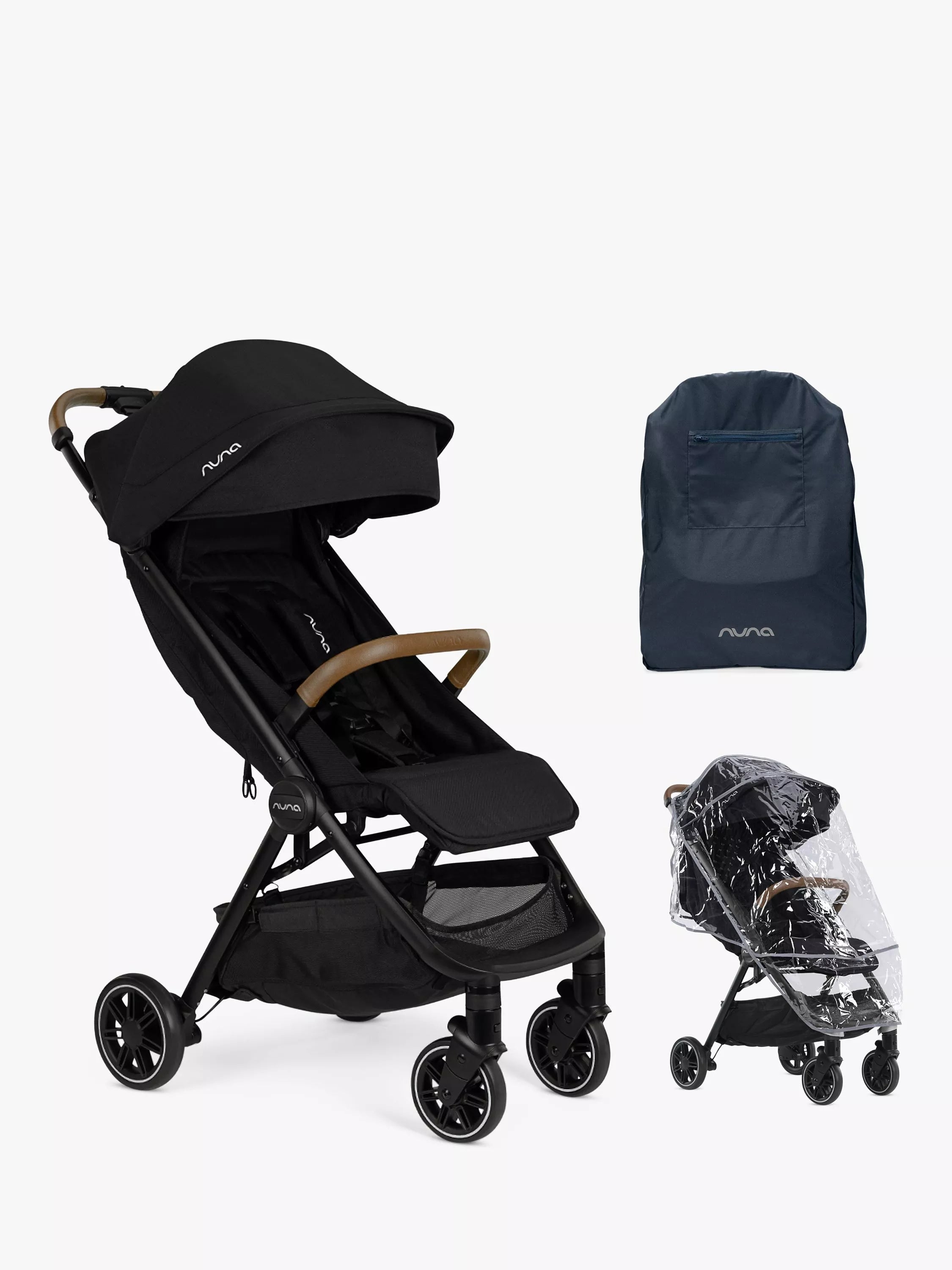 Nuna TRVL pushchair with rain cover and travel bag in Caviar, imported from the UK