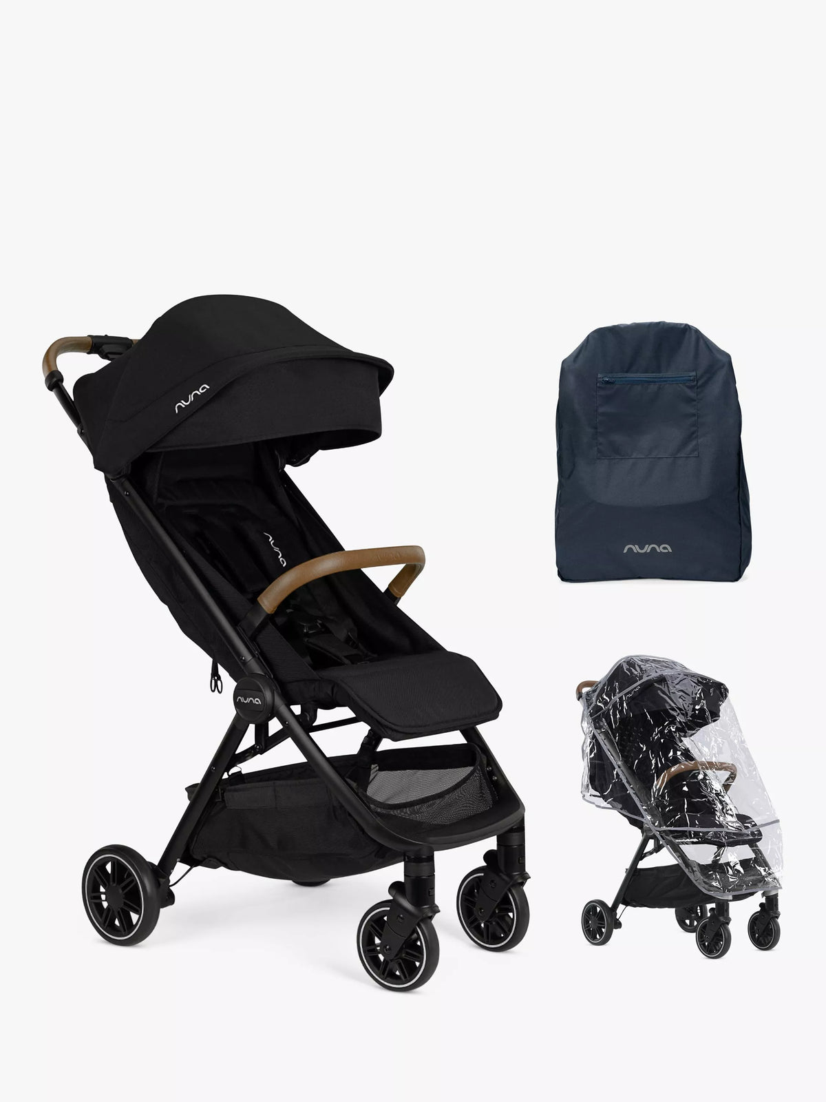 Nuna TRVL pushchair with rain cover and travel bag in Caviar, imported from the UK