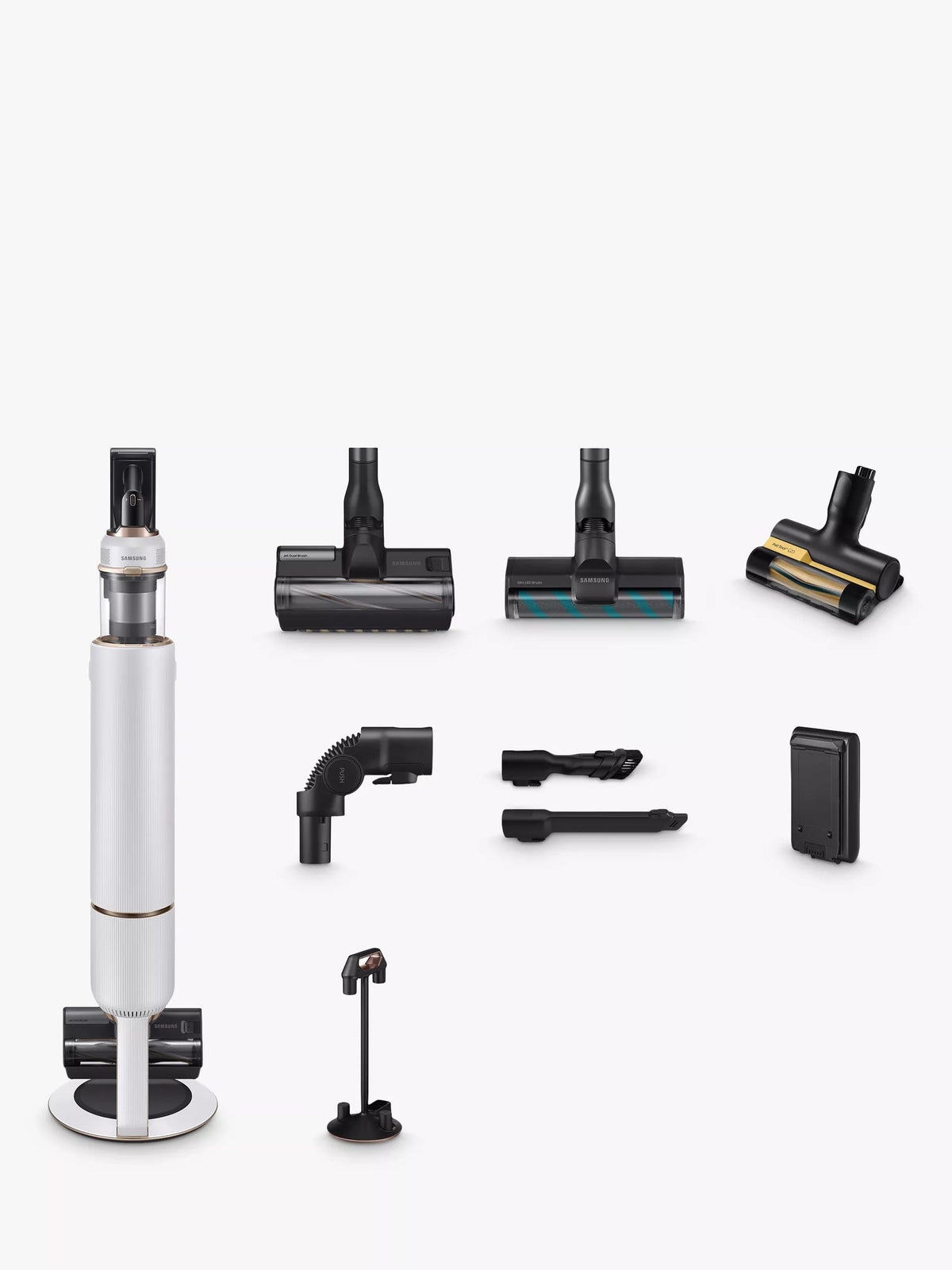 Samsung cordless stick vacuum cleaner with All-In-One Cleaning Station, Misty White (British brand)