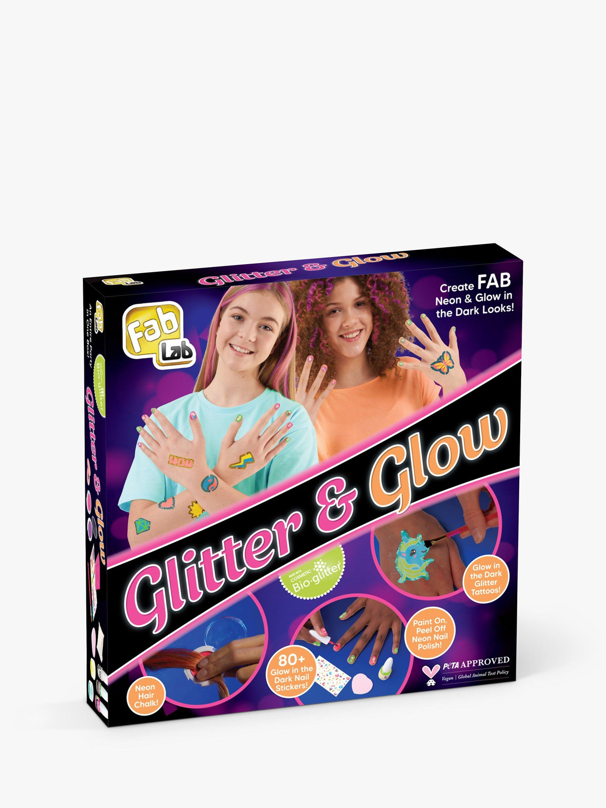Glow-in-the-Dark and Neon Creative Design Set with Hair Chalks, Glitter Tattoos, and Nail Polishes