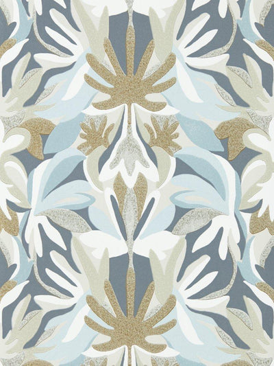 Papier peint damassé moderne avec motifs botaniques et accents dorés métalliques