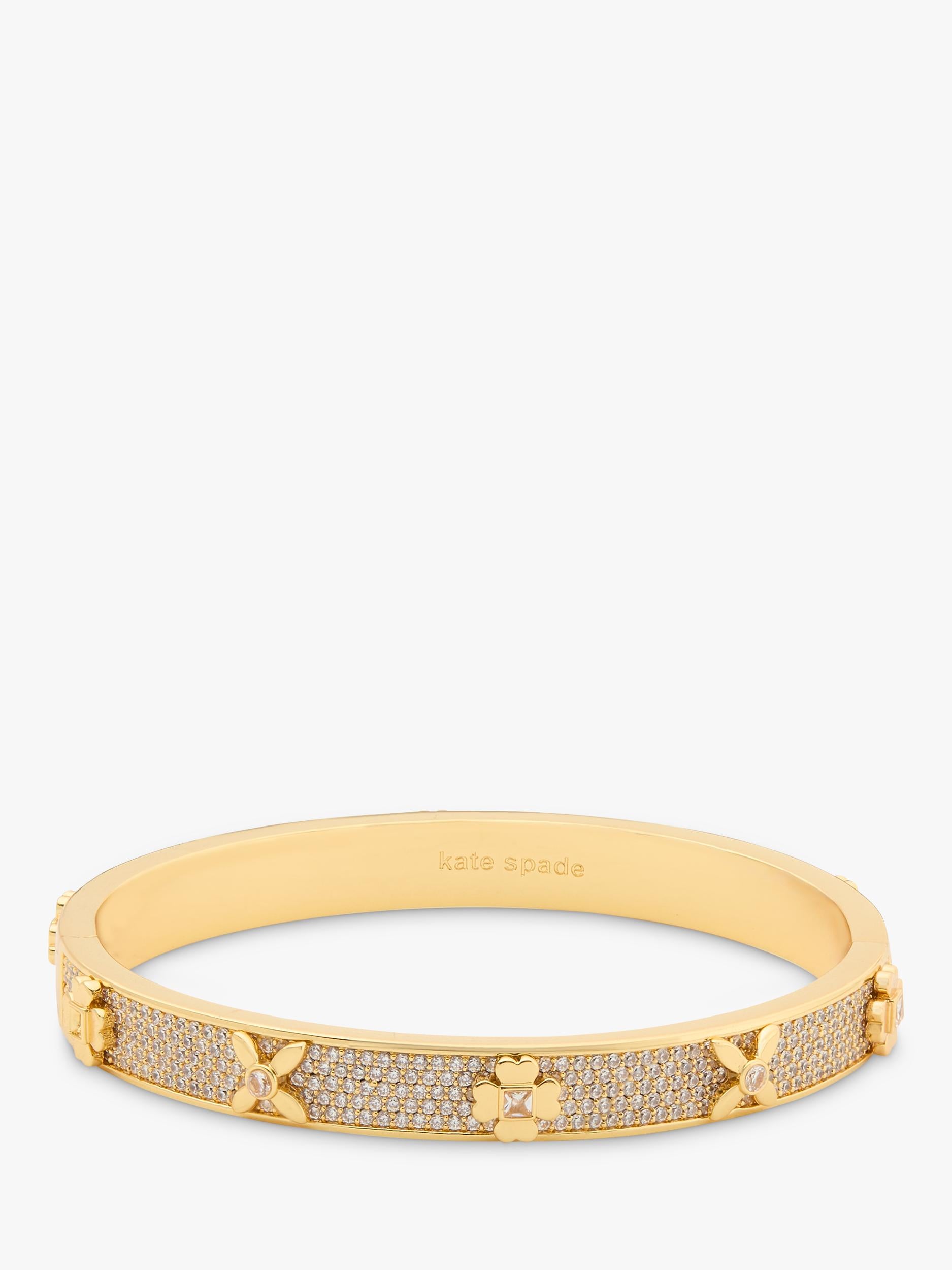 Hinged Bangle with Crystal Accents and Floral Motif in Clear Gold