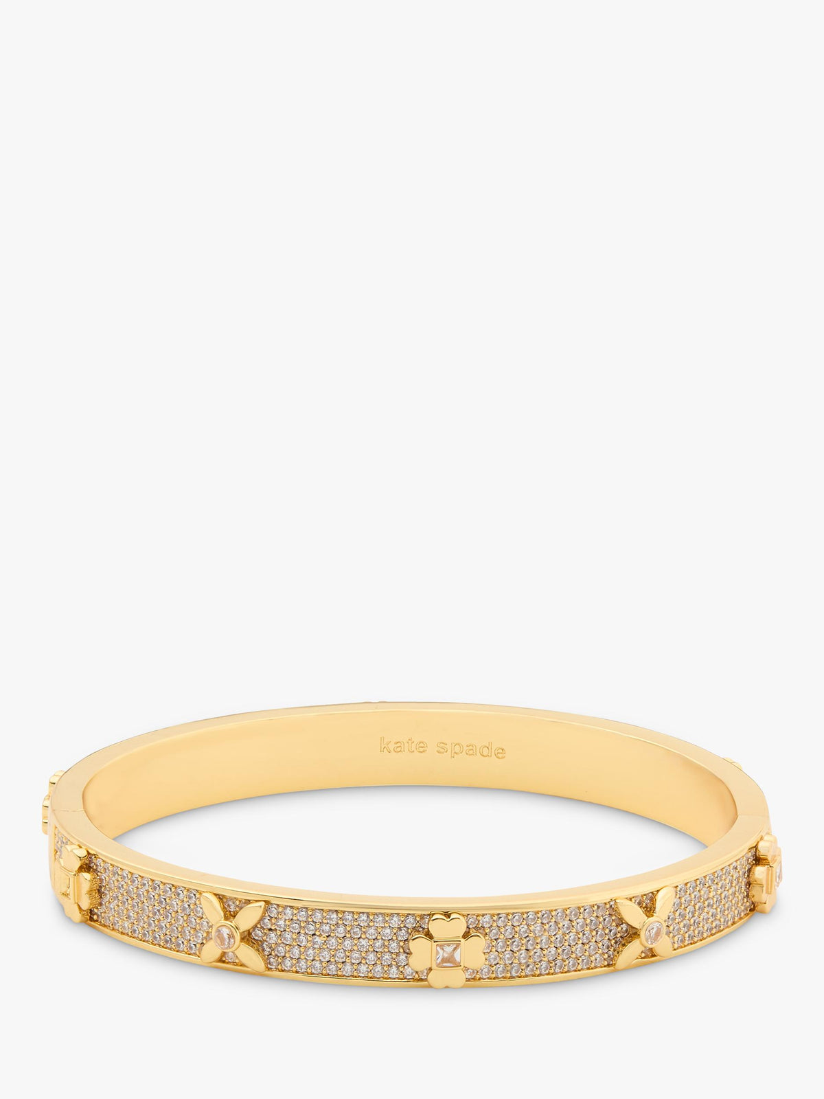 Hinged Bangle with Crystal Accents and Floral Motif in Clear Gold