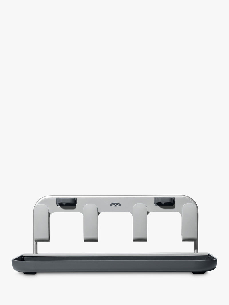 OXO bottle drying rack in grey and silver for four bottles and straws, imported from the UK
