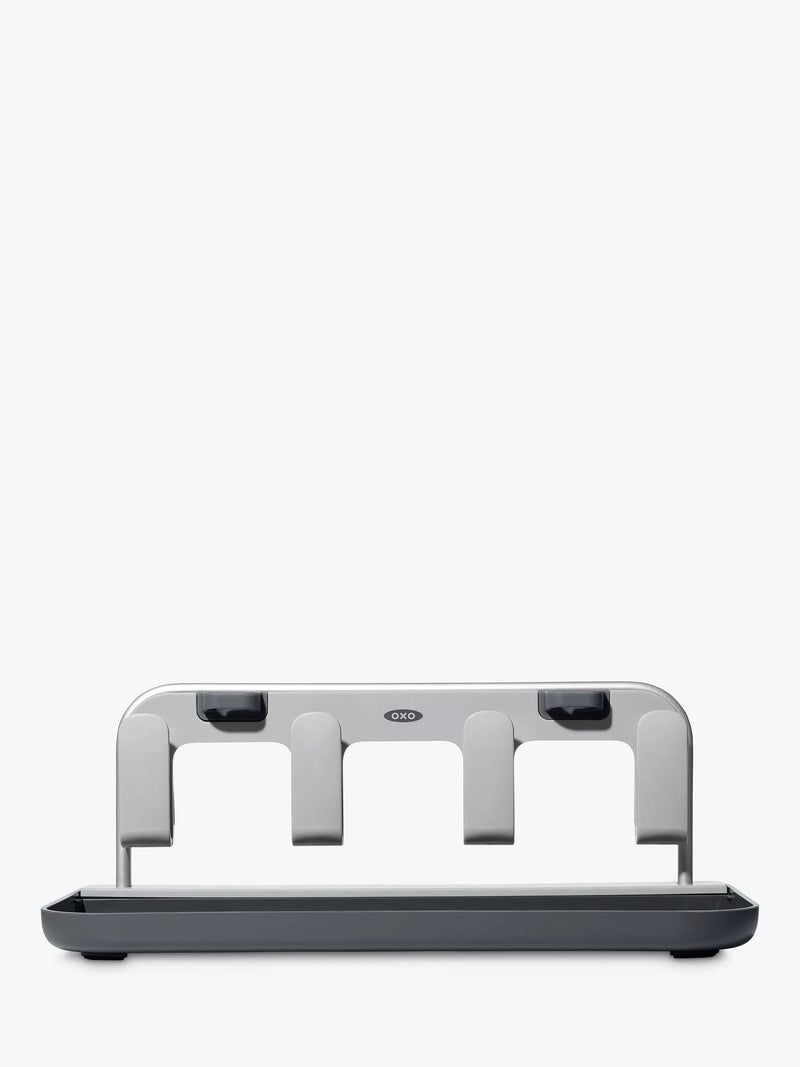 OXO bottle drying rack in grey and silver for four bottles and straws, imported from the UK