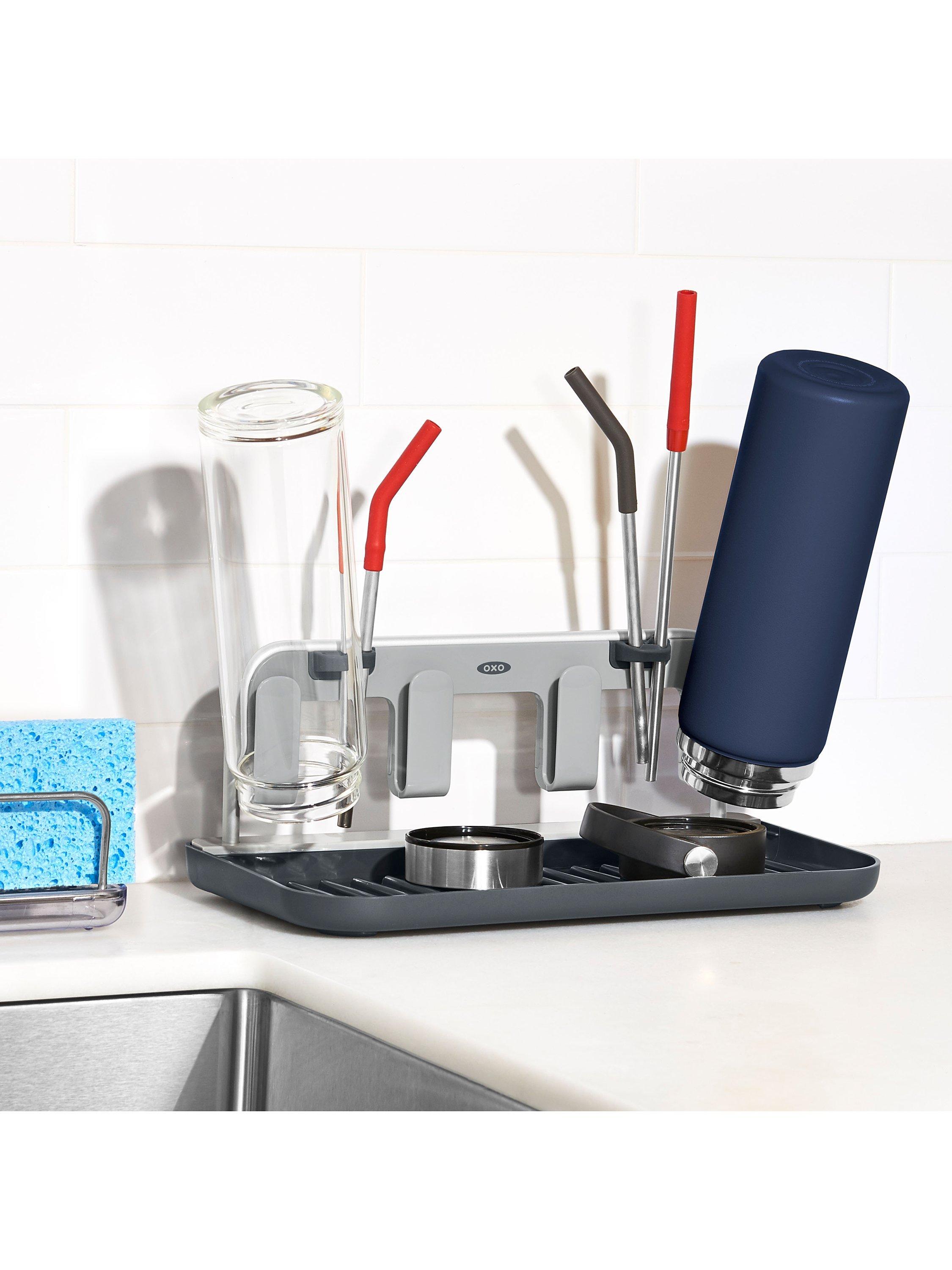 OXO bottle drying rack in grey and silver for four bottles and straws, imported from the UK