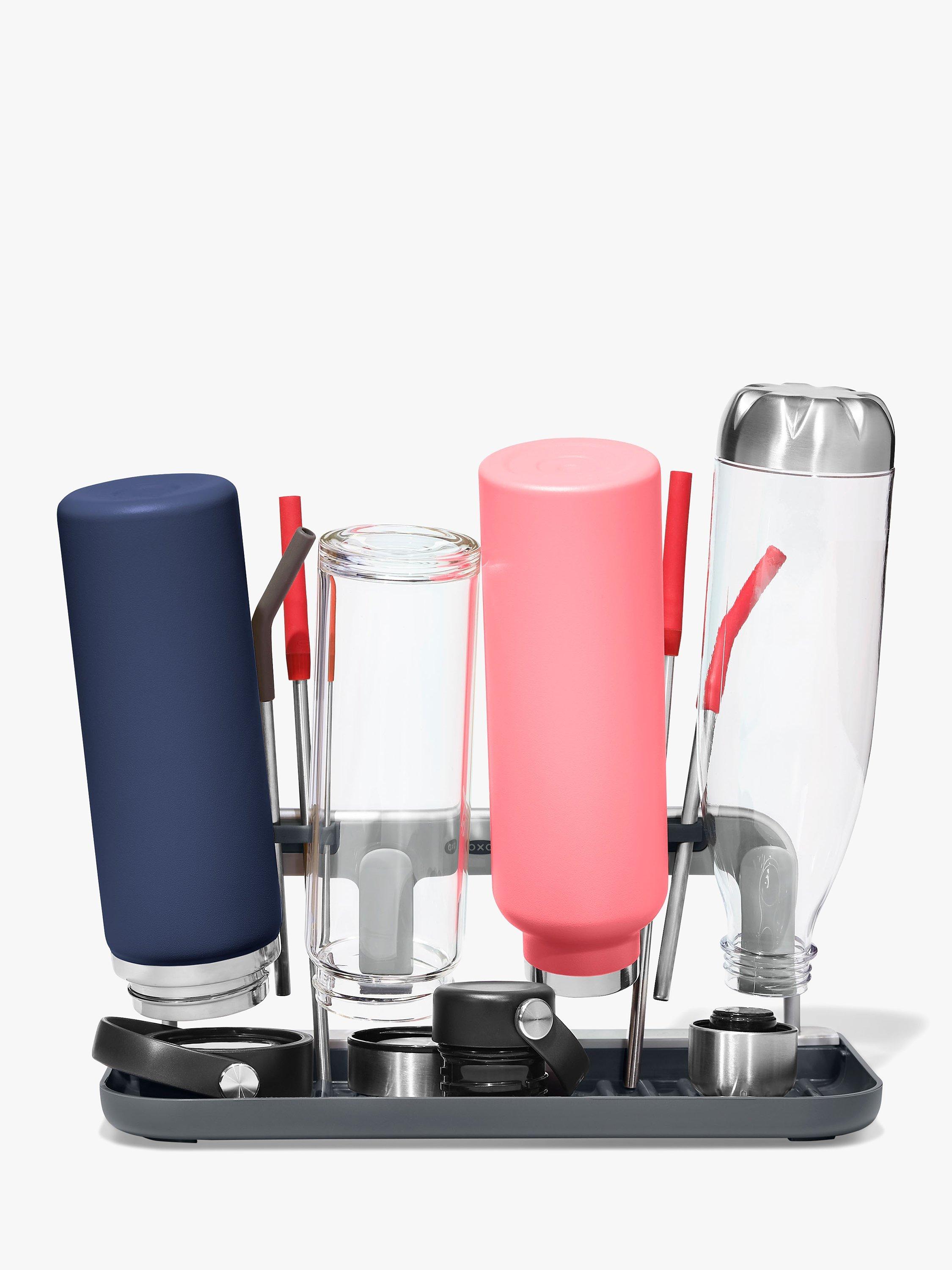 OXO bottle drying rack in grey and silver for four bottles and straws, imported from the UK