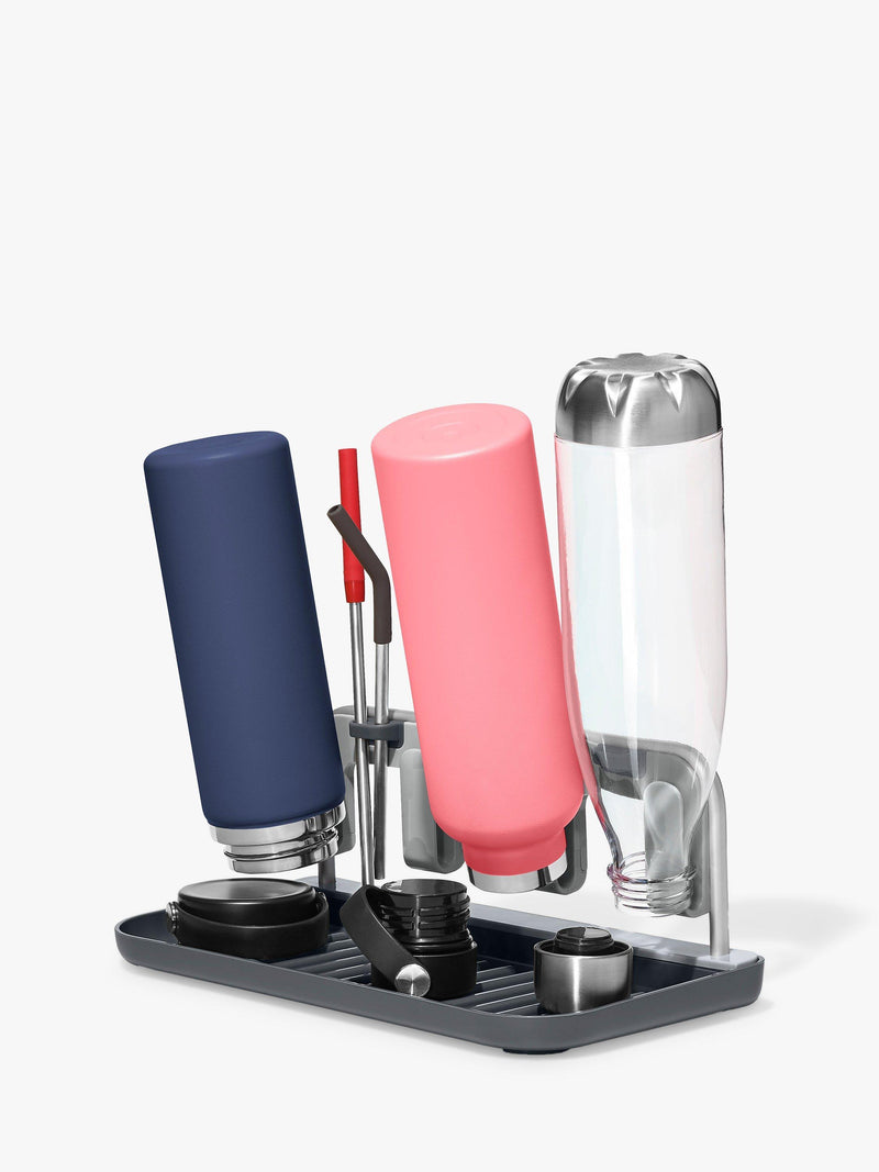 OXO bottle drying rack in grey and silver for four bottles and straws, imported from the UK