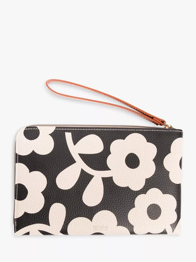 Monochrome Bloom Travel Pouch in Vegan Leather with Interior Pockets and Wristlet
