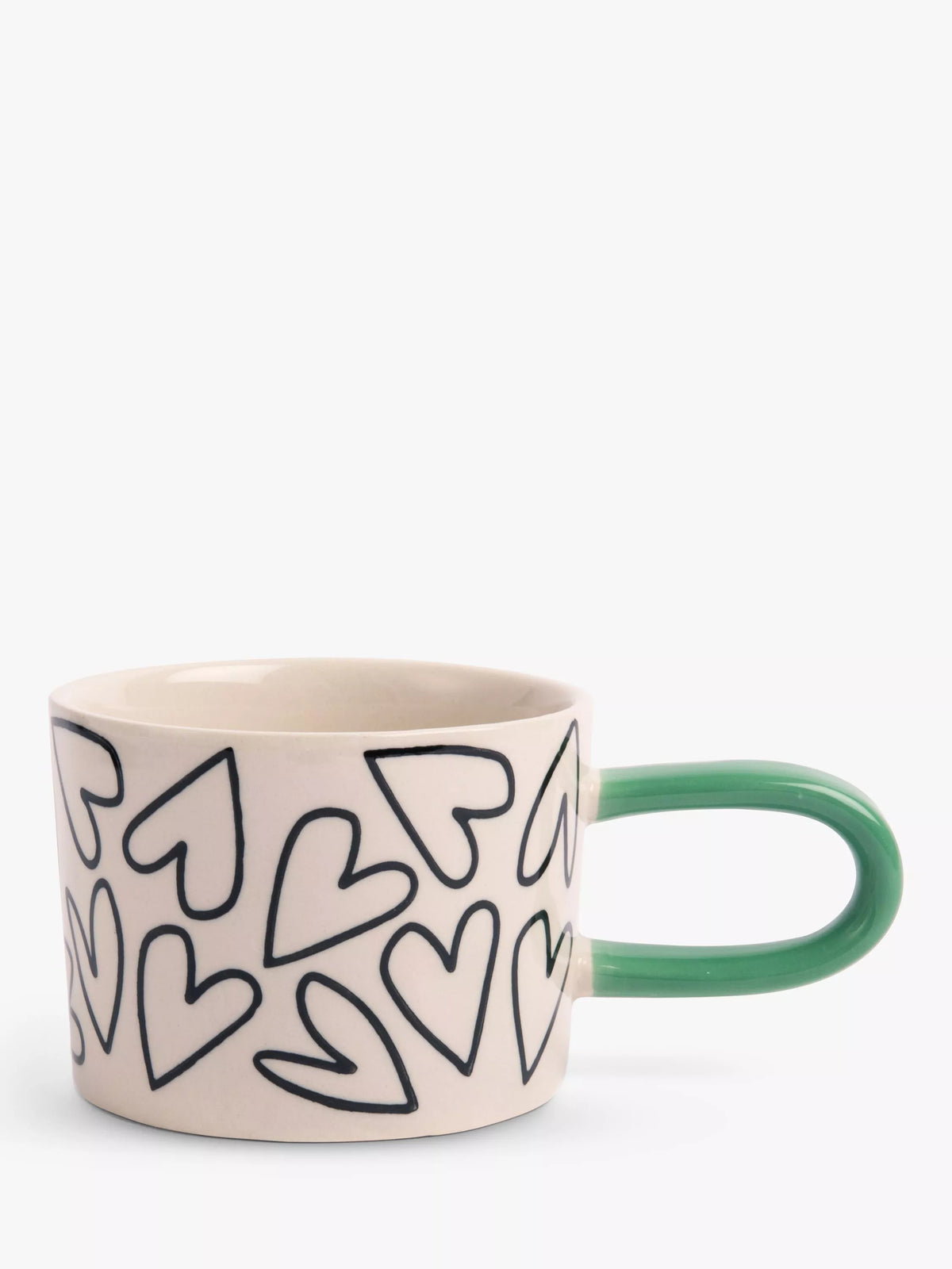 Caroline Gardner hand-painted mono hearts ceramic mug 300ml with elongated handle - British product