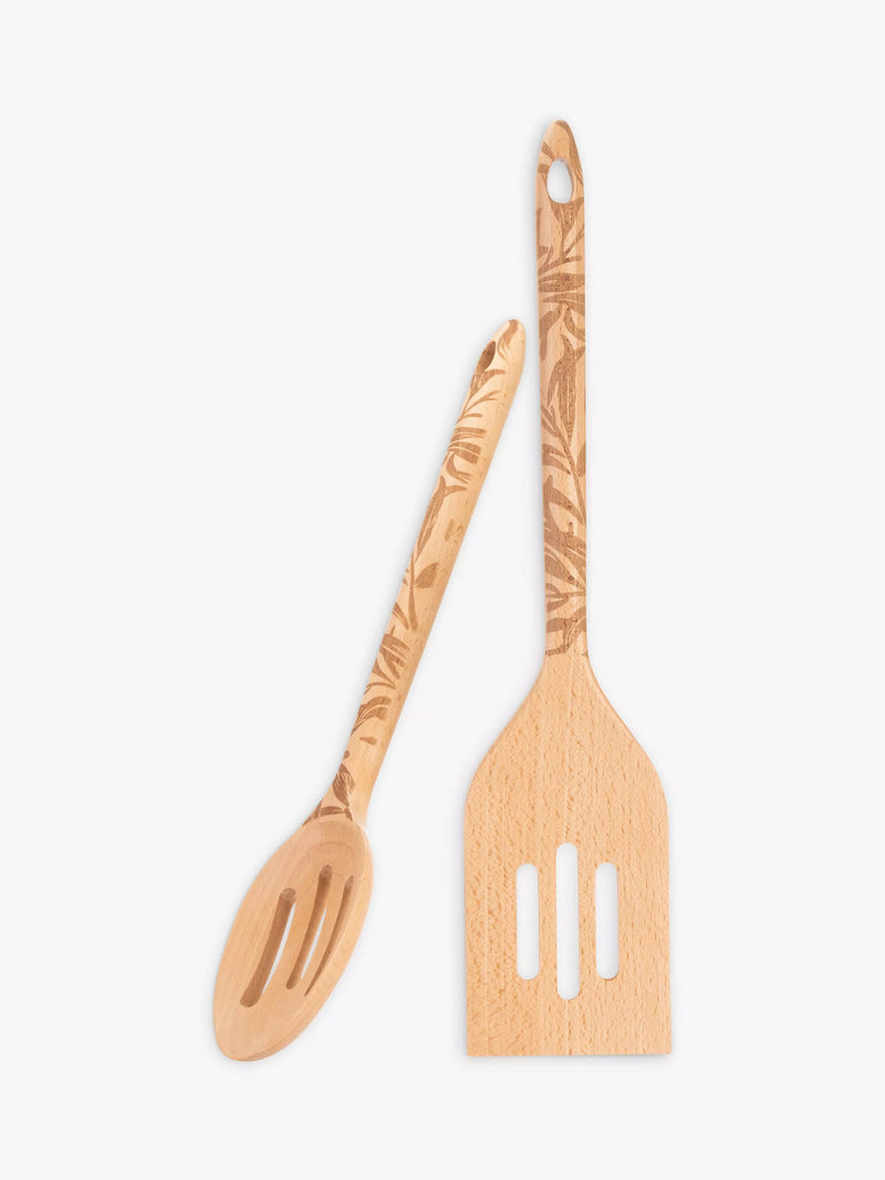 Beech wood kitchen utensils with William Morris design, set of two (British brand)