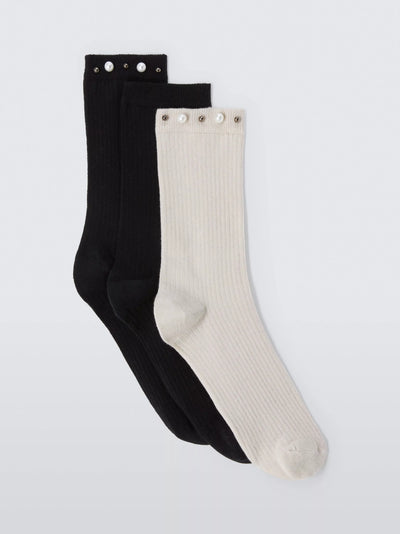 Faux Pearl Embellished Cotton-Blend Ankle Socks, Pack of 3, Black/Multi, One Size