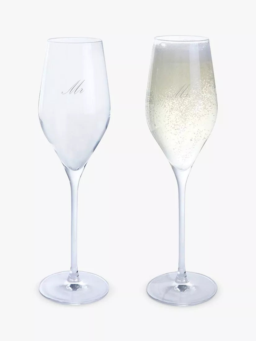 Dartington Crystal Mr & Mr engraved prosecco glass flutes set of 2 260ml - British product