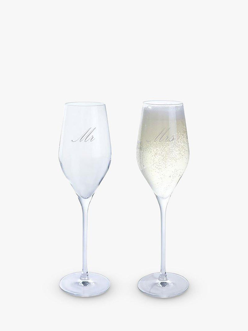 Dartington Crystal Mr & Mrs engraved prosecco glass flutes, set of 2, 260ml - British product