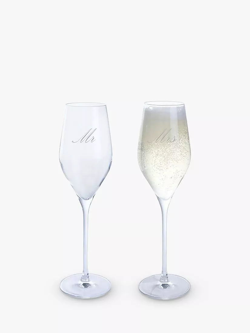 Dartington Crystal Mr & Mrs engraved prosecco glass flutes, set of 2, 260ml - British product
