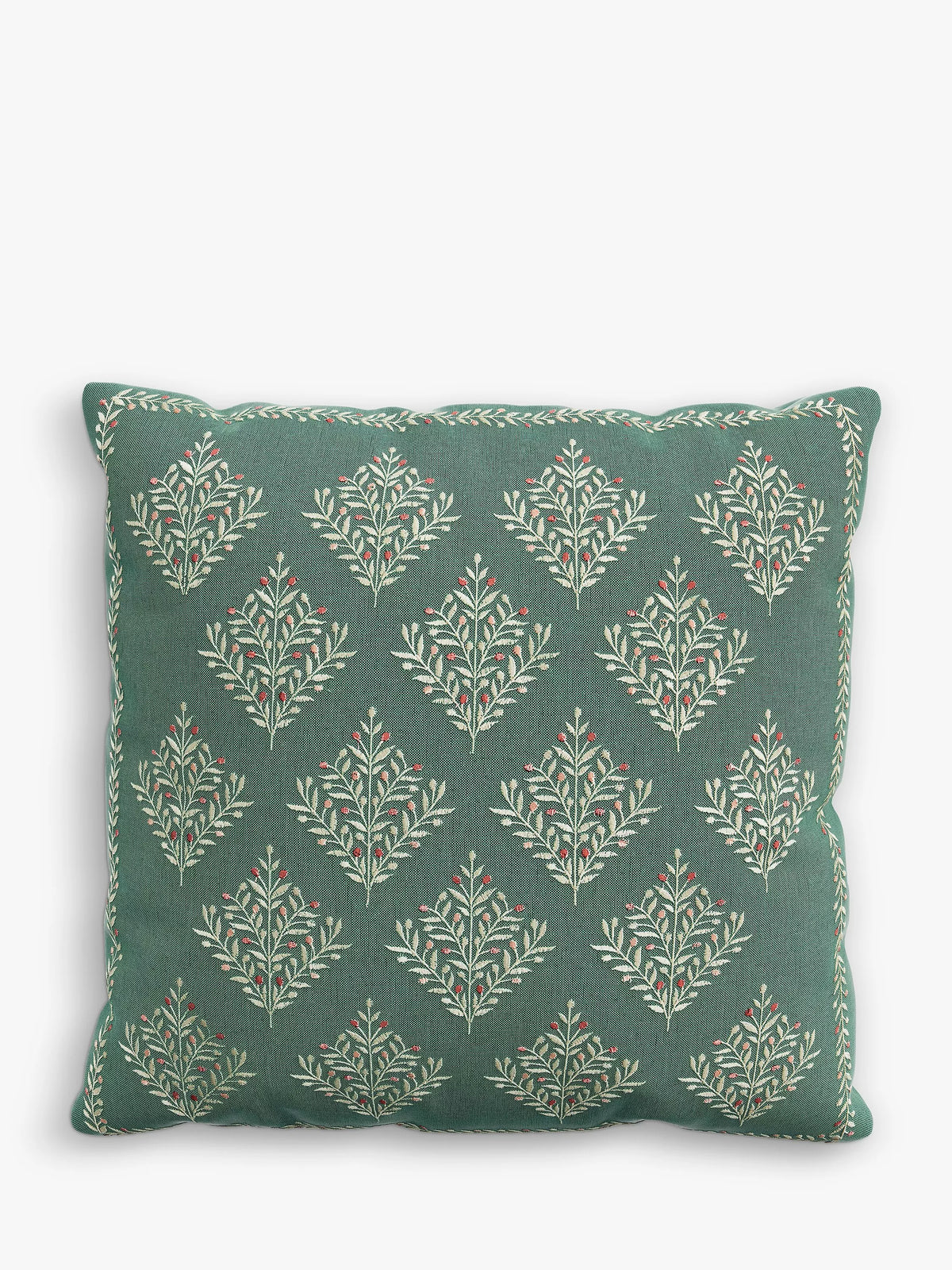 Square Embroidered Cushion with Tree Motifs and Linen-Cotton Blend