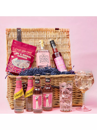 Pink Gin Gift Hamper with Wicker Basket, Tonics, and Garnishes