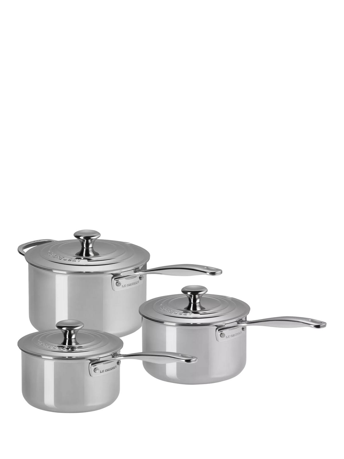 Le Creuset classic 3-ply stainless steel saucepan set with lids, 16cm, 18cm, 20cm, UK version