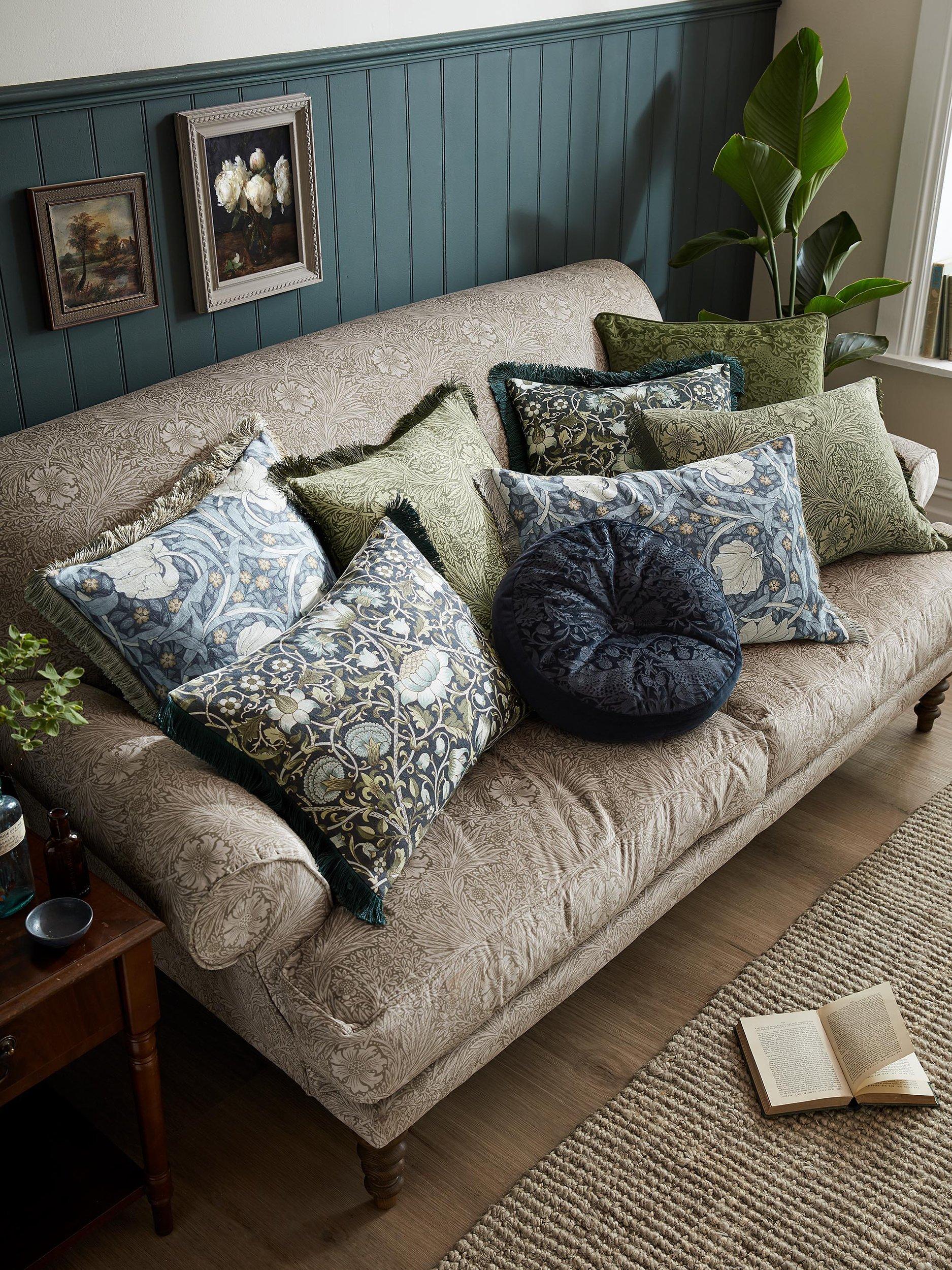 William Morris Pimpernel square cushion in Ink with cotton-velvet reverse (British brand)