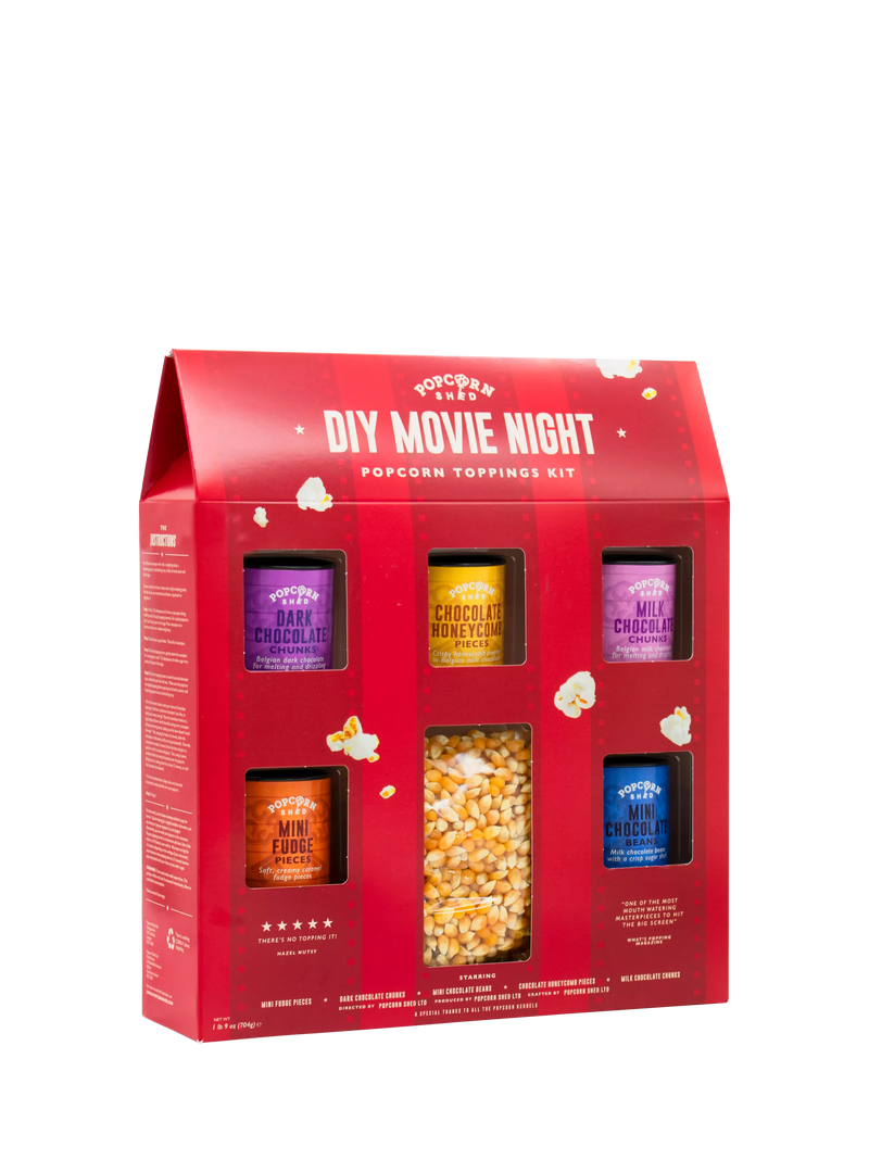 Popcorn Shed popping kernels with assorted chocolate toppings 704g, imported from the UK