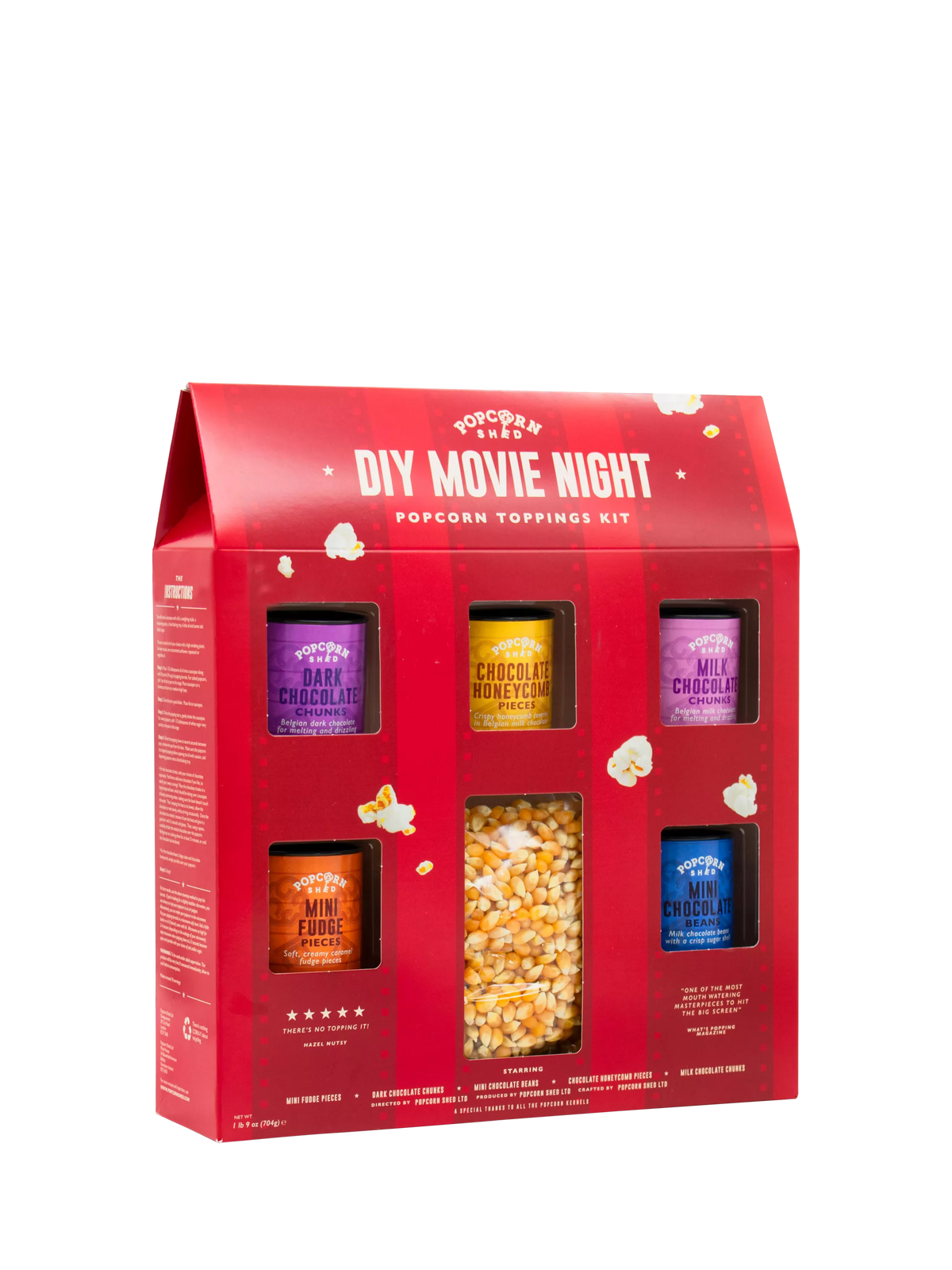Popcorn Shed popping kernels with assorted chocolate toppings 704g, imported from the UK