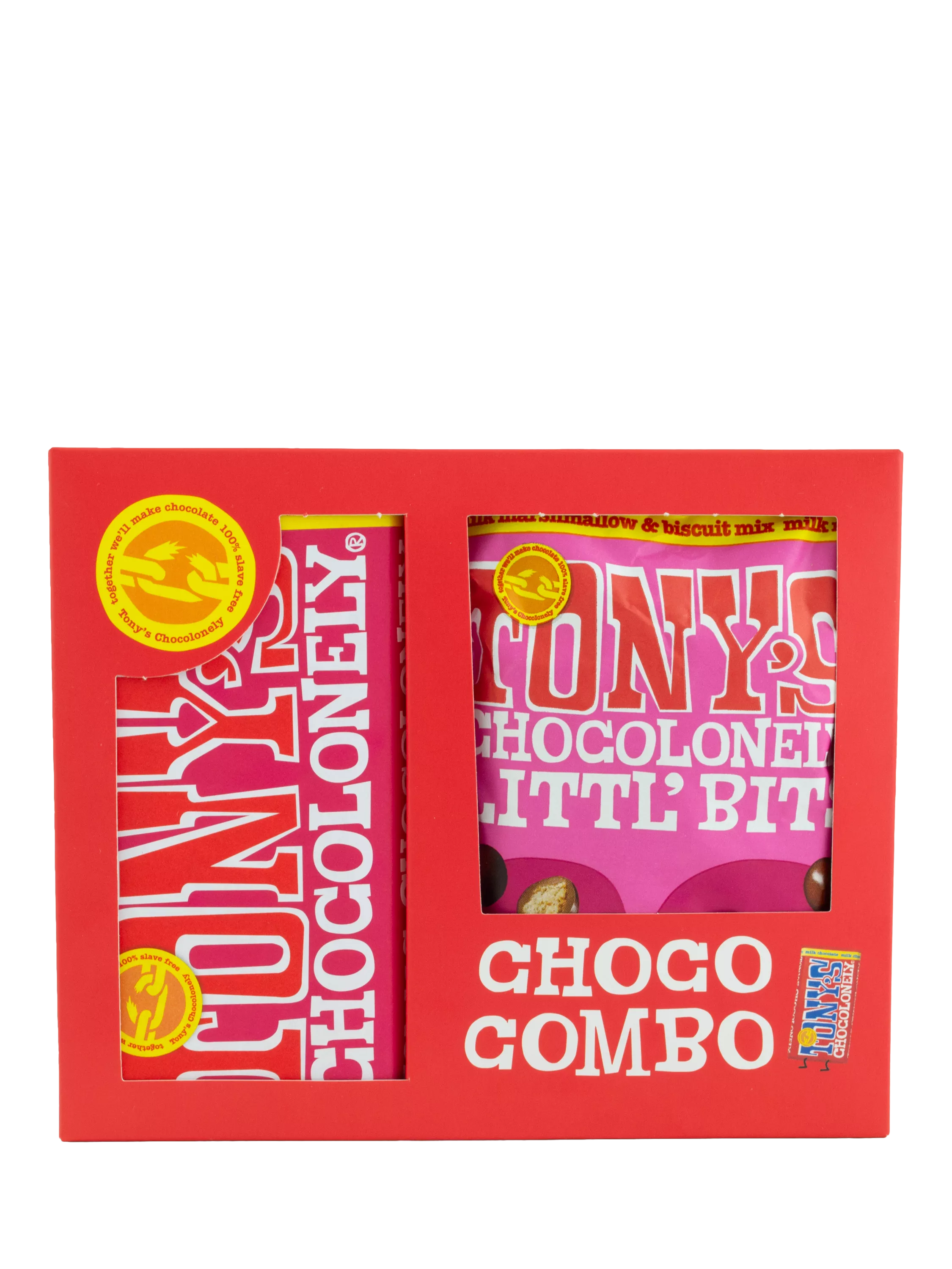 Tony's Chocolonely Choco Combo Gift Pack - Littl' Bits Milk Chocolate Caramel & Biscuit Bar and Milk Marshmallow & Biscuit Mix Duo, 280g - McGrocer