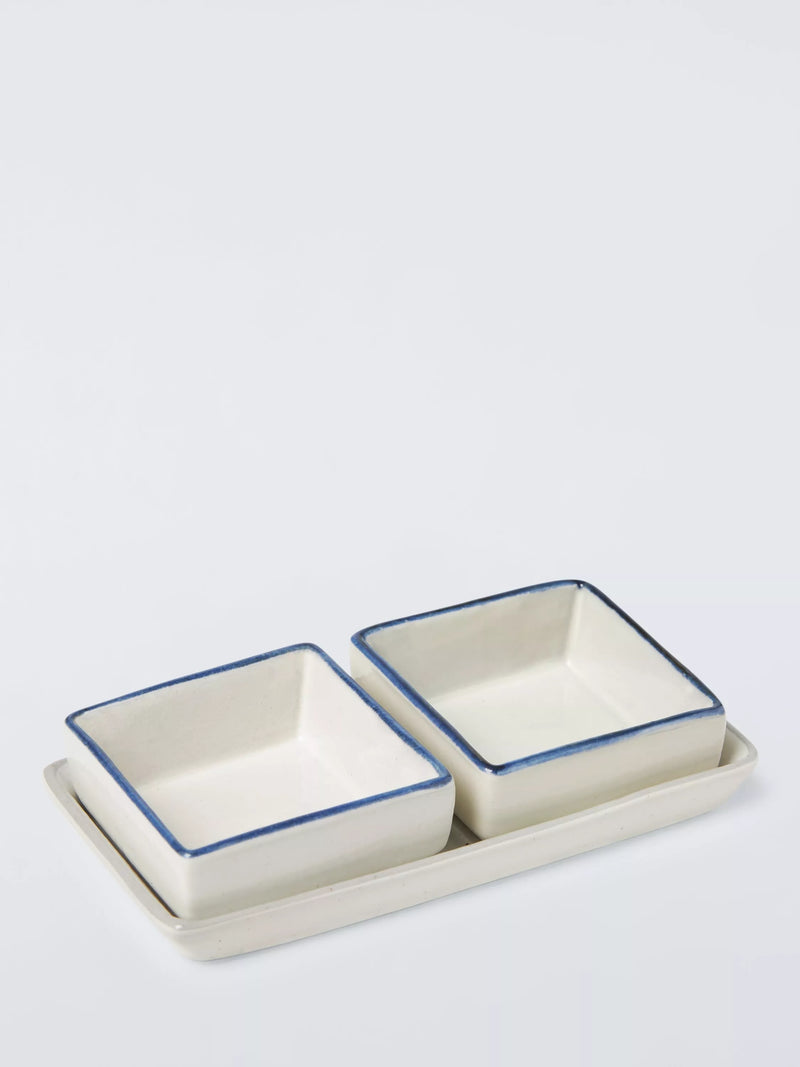 John Lewis hand painted stoneware dip bowls and tray set, 3 piece, blue multi, UK version