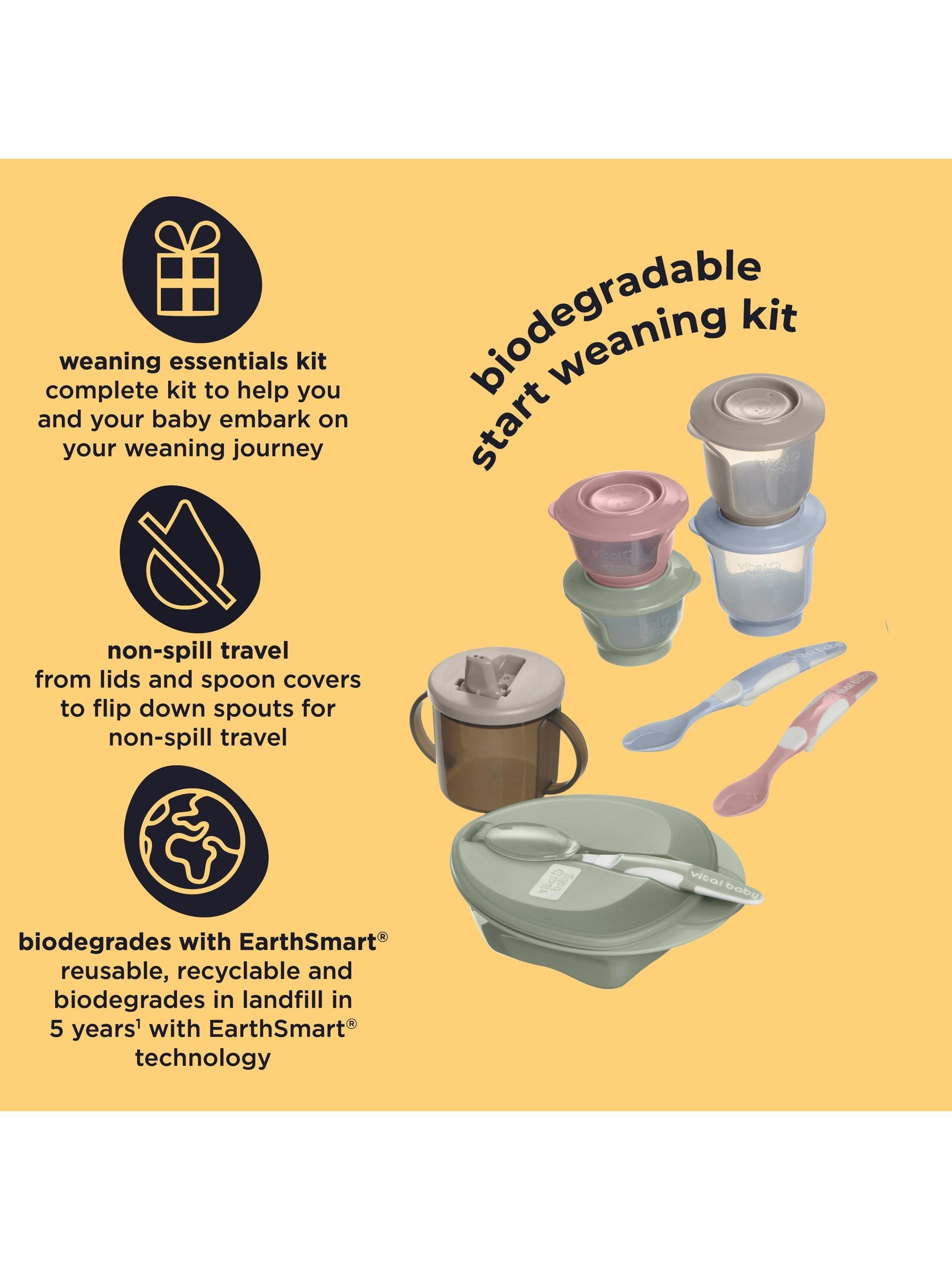 Vital Baby Nourish Start weaning kit with spoons, bowl, pots, bib, and cup (British brand)