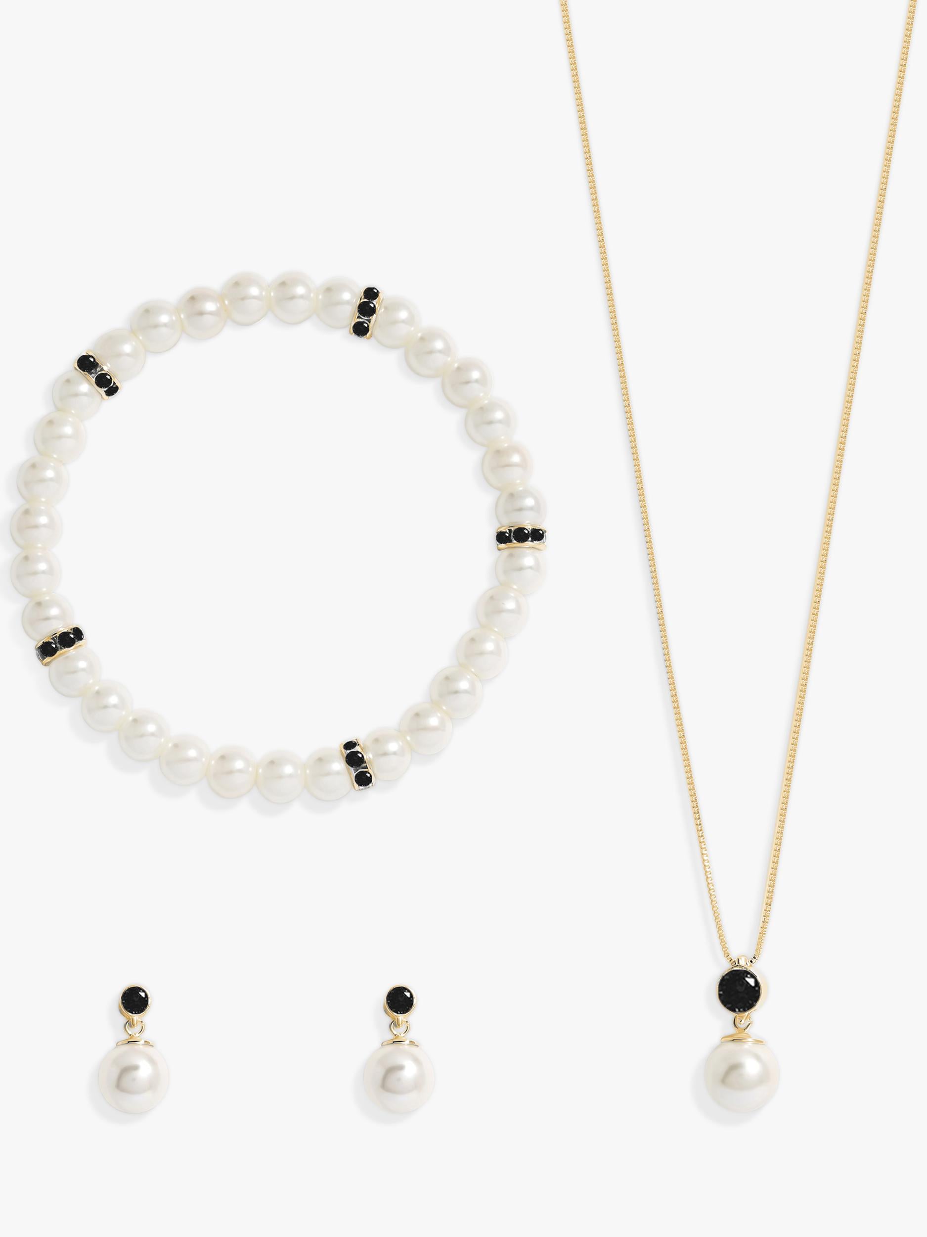 Jet and Pearl Trio Jewellery Set with Necklace, Bracelet, and Earrings