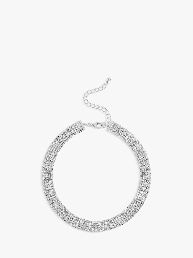 Multi-Row Crystal Silver Choker Necklace