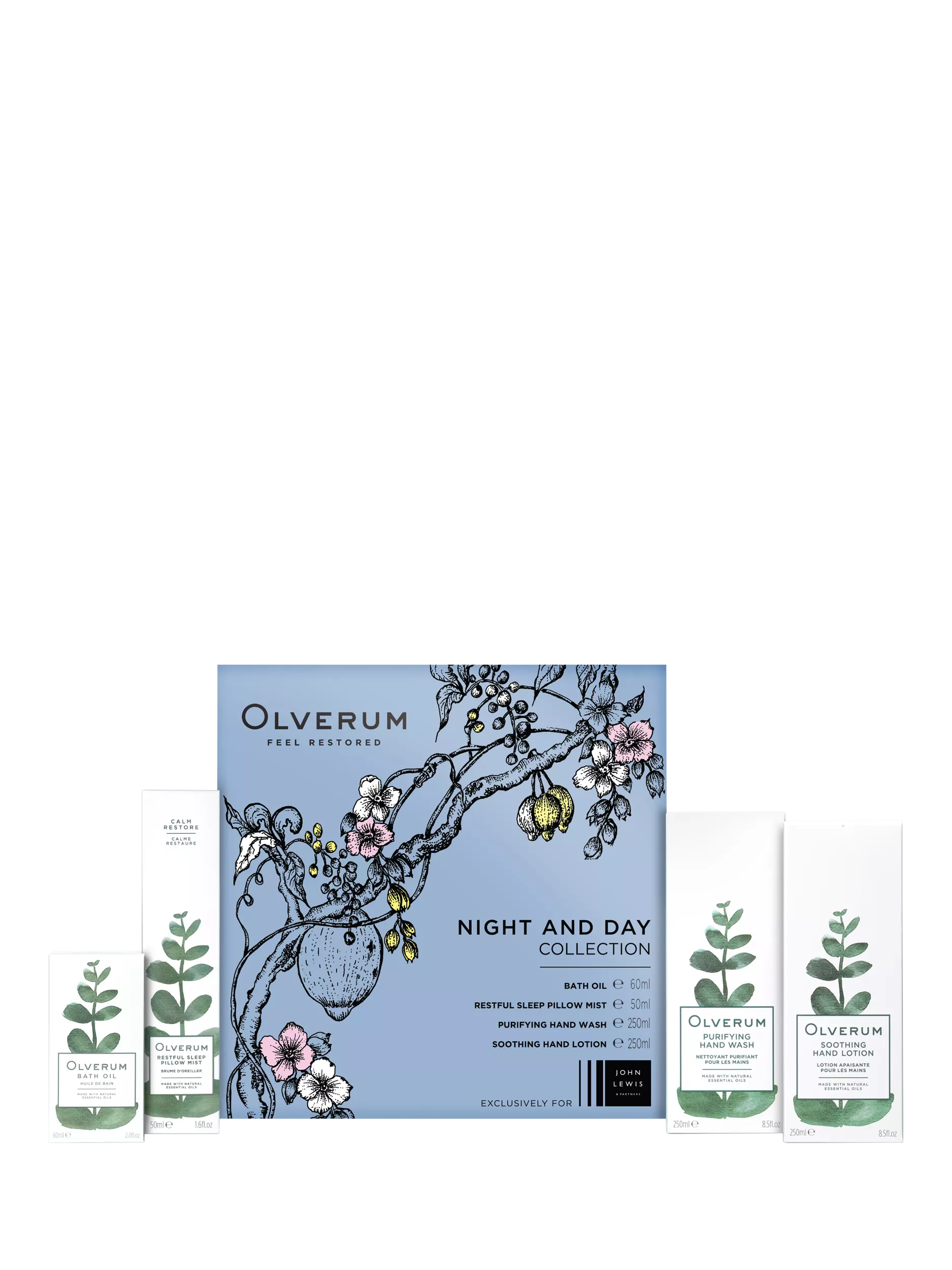 Olverum Night and Day Collection Bodycare Gift Set with bath oil, pillow mist, hand wash, and lotion, imported from the UK